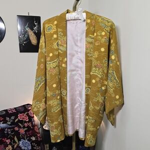 Real Silk Floral Kimono Jacket in Mustard and Pink